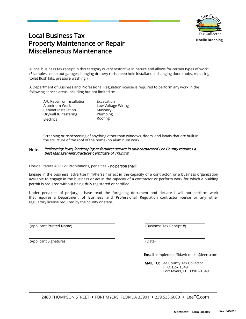 Form LBT-049 Local Business Tax Property Maintenance or Repair Miscellaneous Maintenance - Lee County, Florida, Page 1