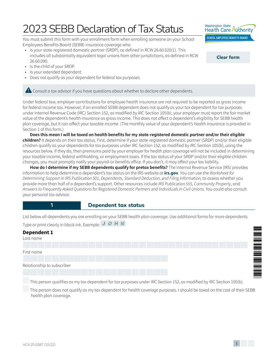 Form HCA20-0087 Sebb Declaration of Tax Status - Washington, Page 1