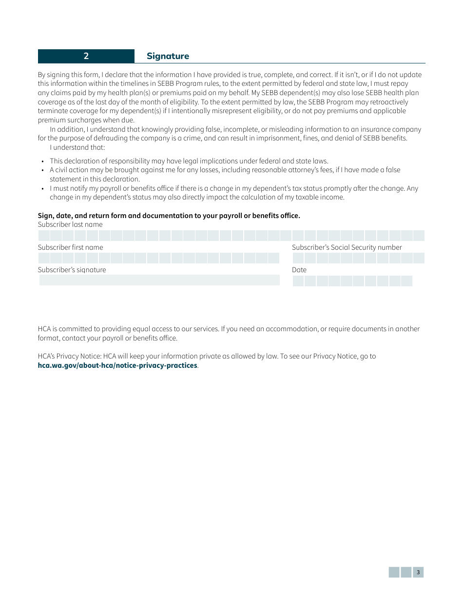 Form HCA20-0087 Sebb Declaration of Tax Status - Washington, Page 3