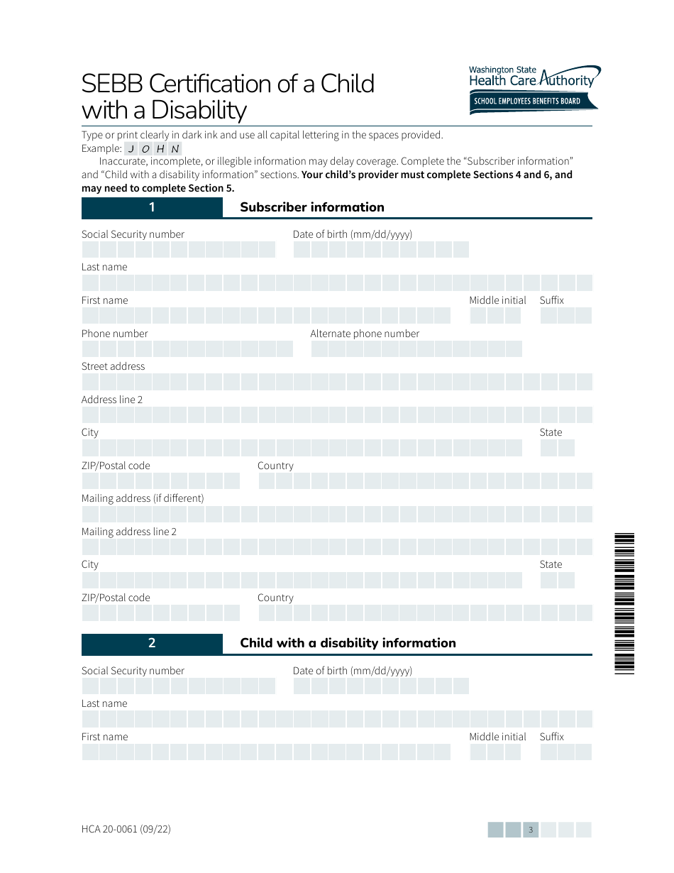 Form HCA20-0061 Sebb Certification of a Child With a Disability - Washington, Page 3