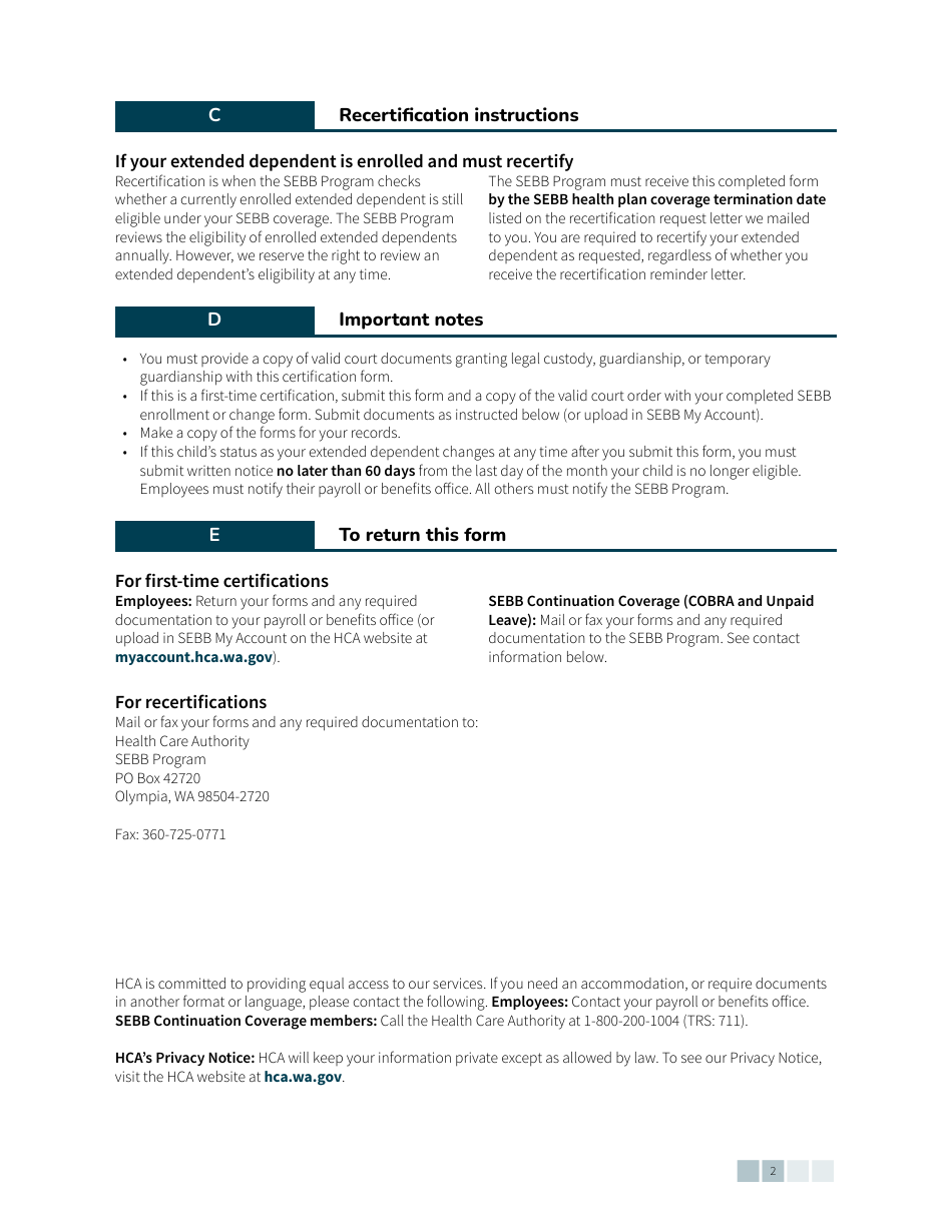 Form HCA20-0084 Sebb Extended Dependent Certification - Washington, Page 2