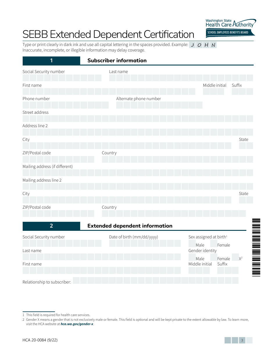 Form HCA20-0084 Sebb Extended Dependent Certification - Washington, Page 3