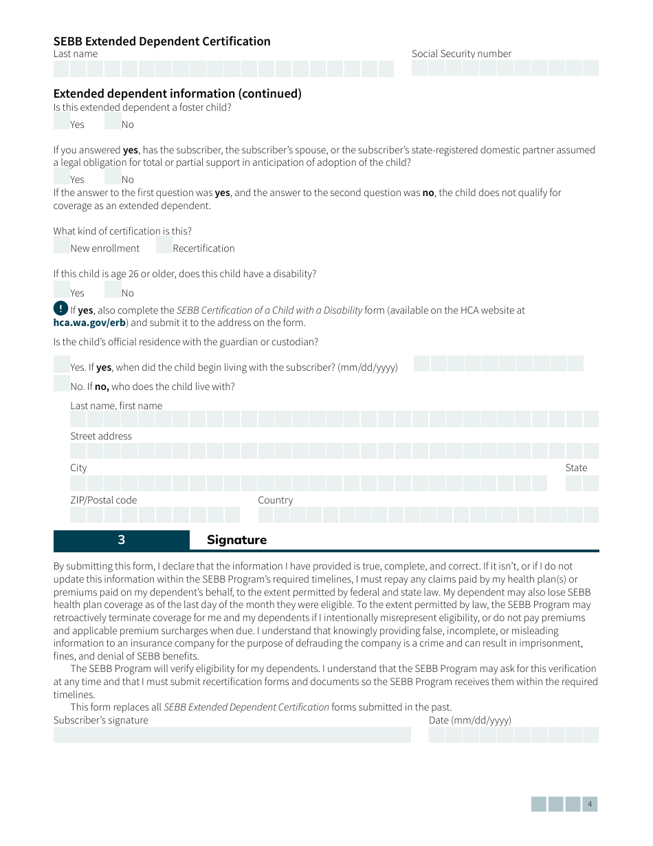 Form HCA20-0084 Sebb Extended Dependent Certification - Washington, Page 4