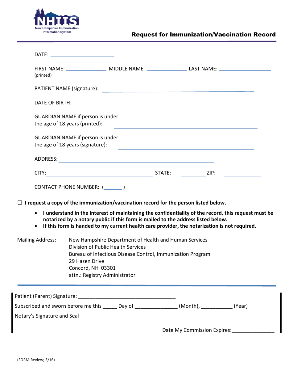Request for Immunization / Vaccination Record - New Hampshire, Page 1