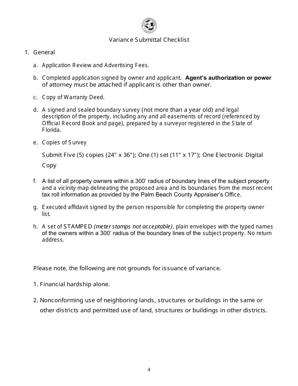 Variance Submittal Checklist - City of Greenacres, Florida, Page 4