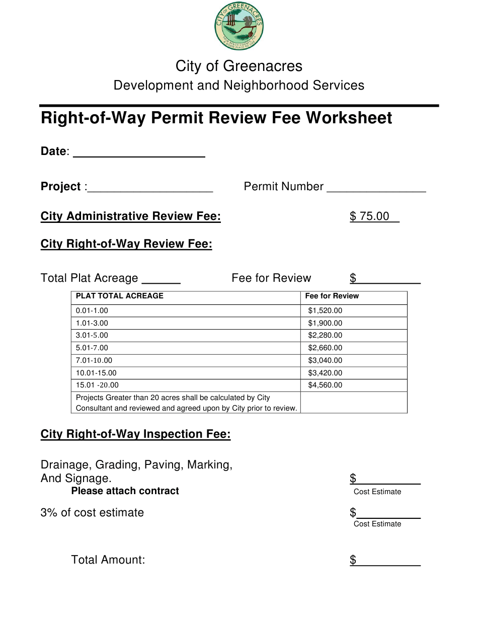City of Greenacres, Florida RightOfWay Permit Review Fee Worksheet