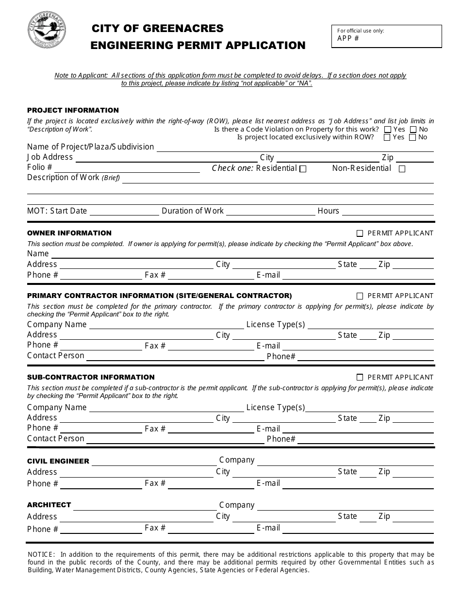 Engineering Permit Application - City of Greenacres, Florida, Page 1