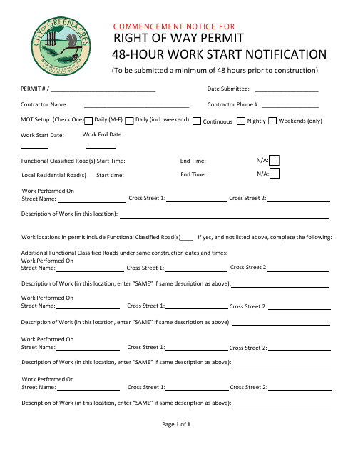 Right of Way Permit 48-hour Work Start Notification - City of Greenacres, Florida Download Pdf