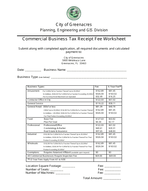 Commercial Business Tax Receipt Fee Worksheet - City of Greenacres, Florida