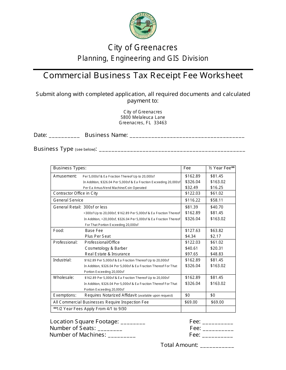 Commercial Business Tax Receipt Fee Worksheet - City of Greenacres, Florida, Page 1