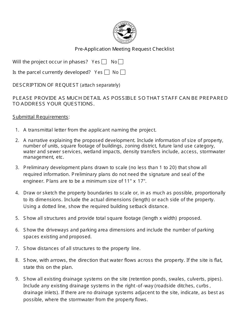 Pre-application Meeting Request Checklist - City of Greenacres, Florida, Page 1