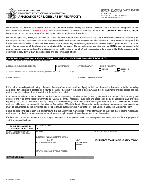 Form MO375-1129 Application for Licensure by Reciprocity - Marital & Family Therapists - Missouri