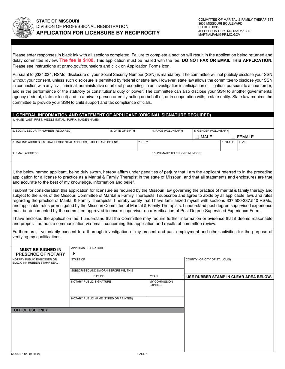 Form MO375-1129 Application for Licensure by Reciprocity - Marital  Family Therapists - Missouri, Page 1