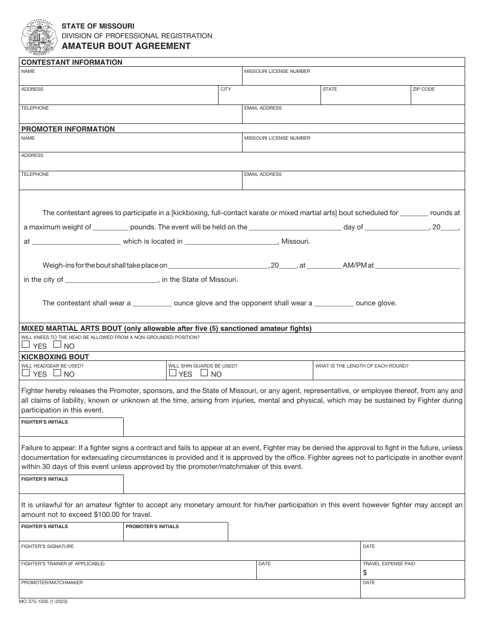 Form MO375-1035 Amateur Bout Agreement - Missouri, Page 1