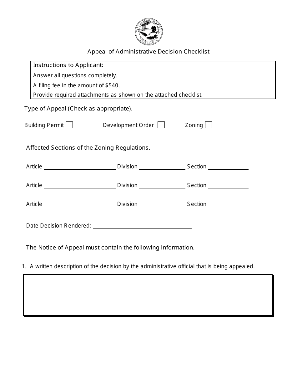 Appeal of Administrative Decision Checklist - City of Greenacres, Florida, Page 1