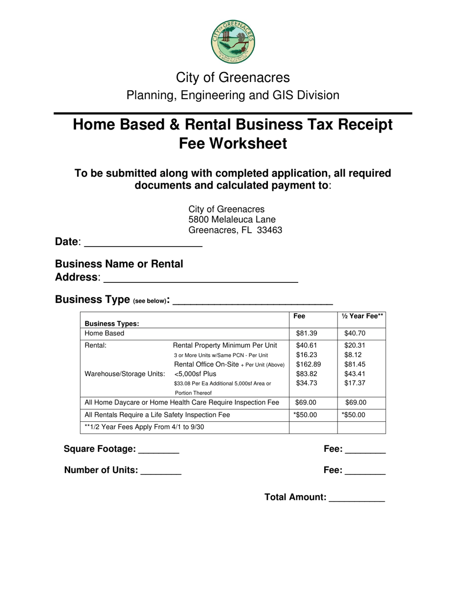 Home Based  Rental Business Tax Receipt Fee Worksheet - City of Greenacres, Florida, Page 1