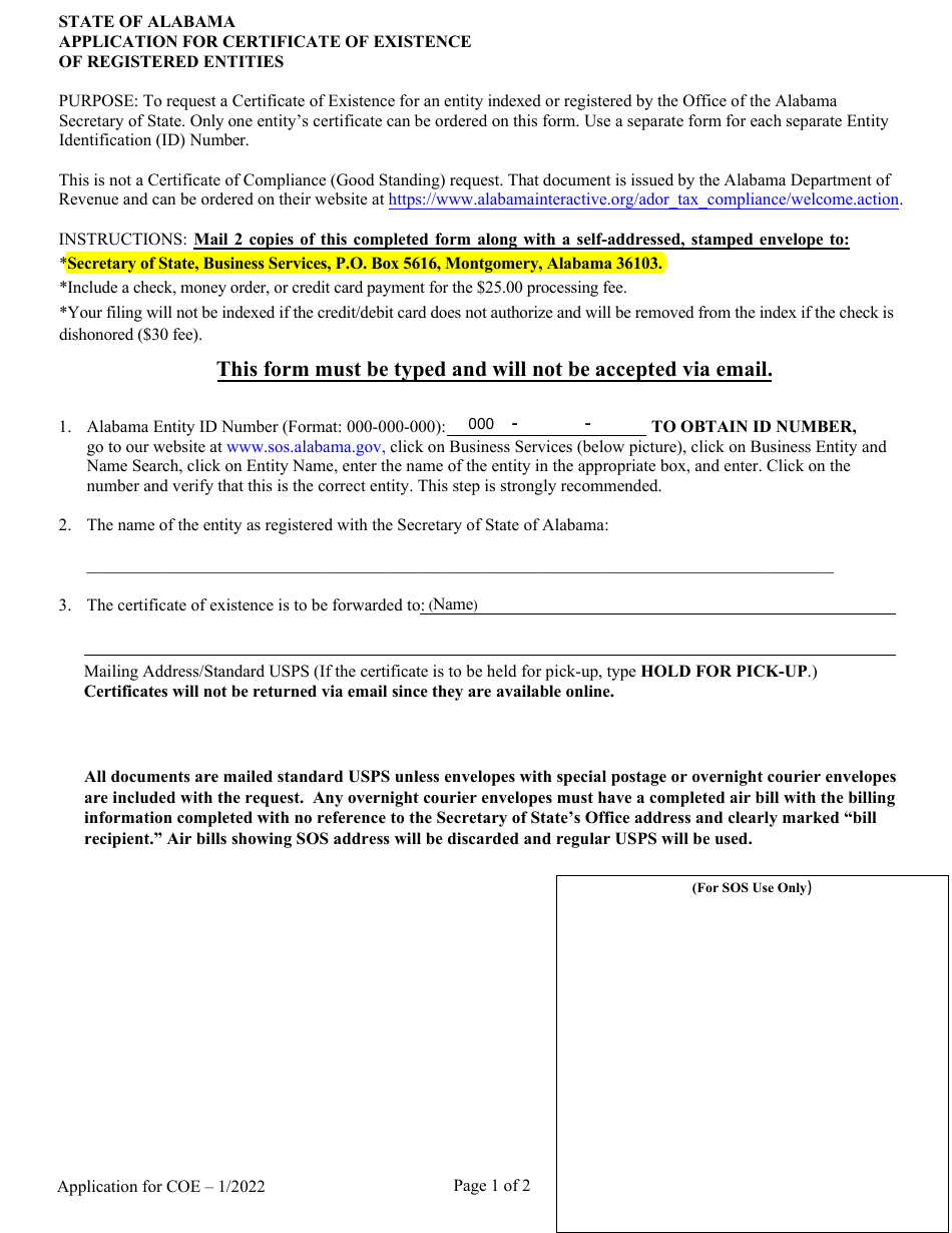 Alabama Application For Certificate Of Existence Of Registered Entities Fill Out Sign Online 7773