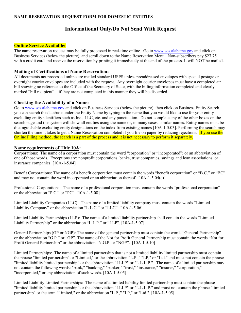 Name Reservation Request Form for Domestic Entities - Alabama, Page 3