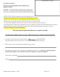 Document preview: Duplicate Name Reservation Certificate Request Form - Alabama