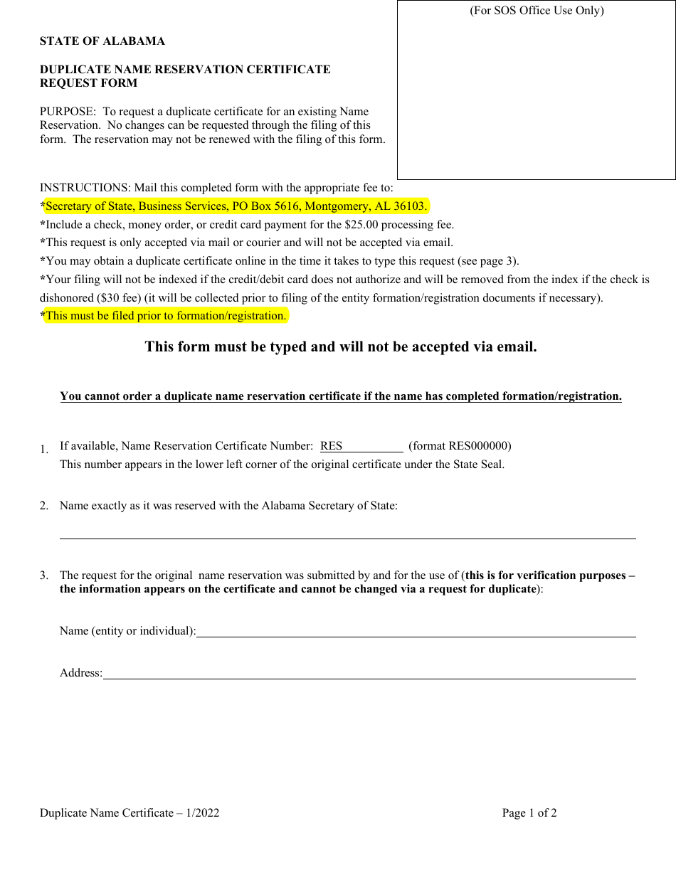 Duplicate Name Reservation Certificate Request Form - Alabama, Page 1