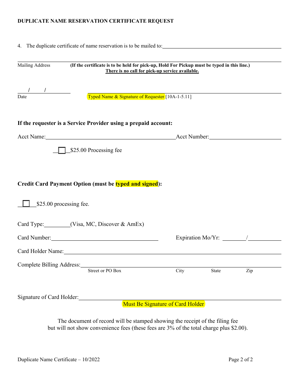 Duplicate Name Reservation Certificate Request Form - Alabama, Page 2