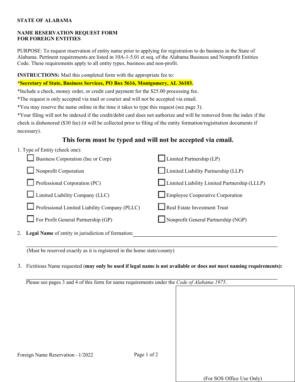 Name Reservation Request Form for Foreign Entities - Alabama, Page 1
