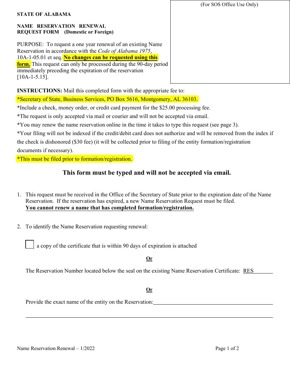Name Reservation Renewal Request Form (Domestic or Foreign) - Alabama, Page 1