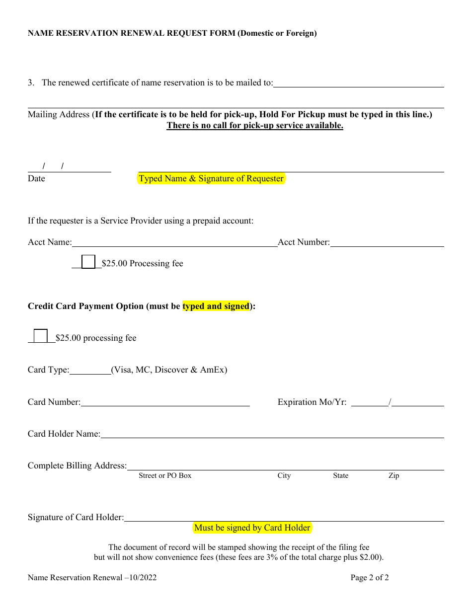 Name Reservation Renewal Request Form (Domestic or Foreign) - Alabama, Page 2
