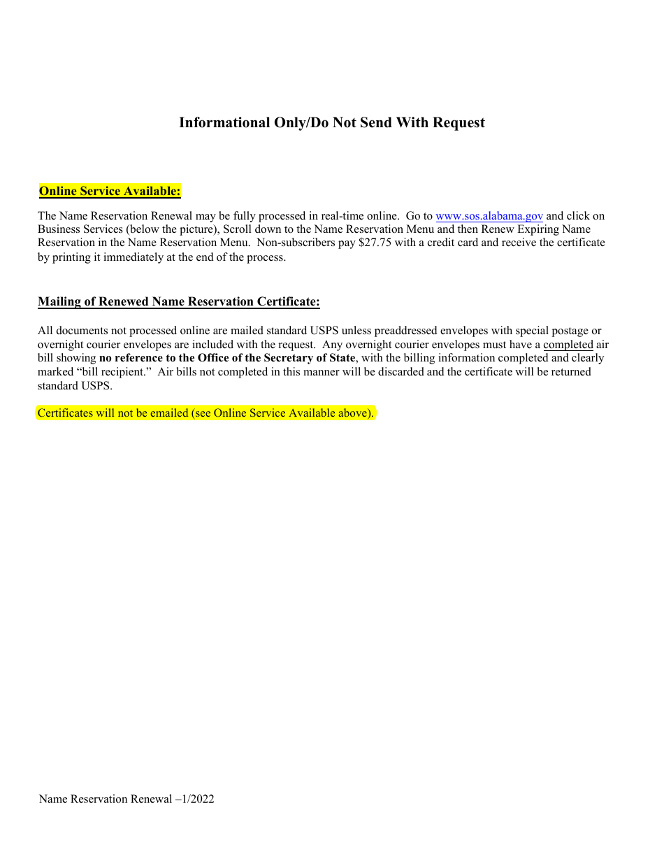 Name Reservation Renewal Request Form (Domestic or Foreign) - Alabama, Page 3
