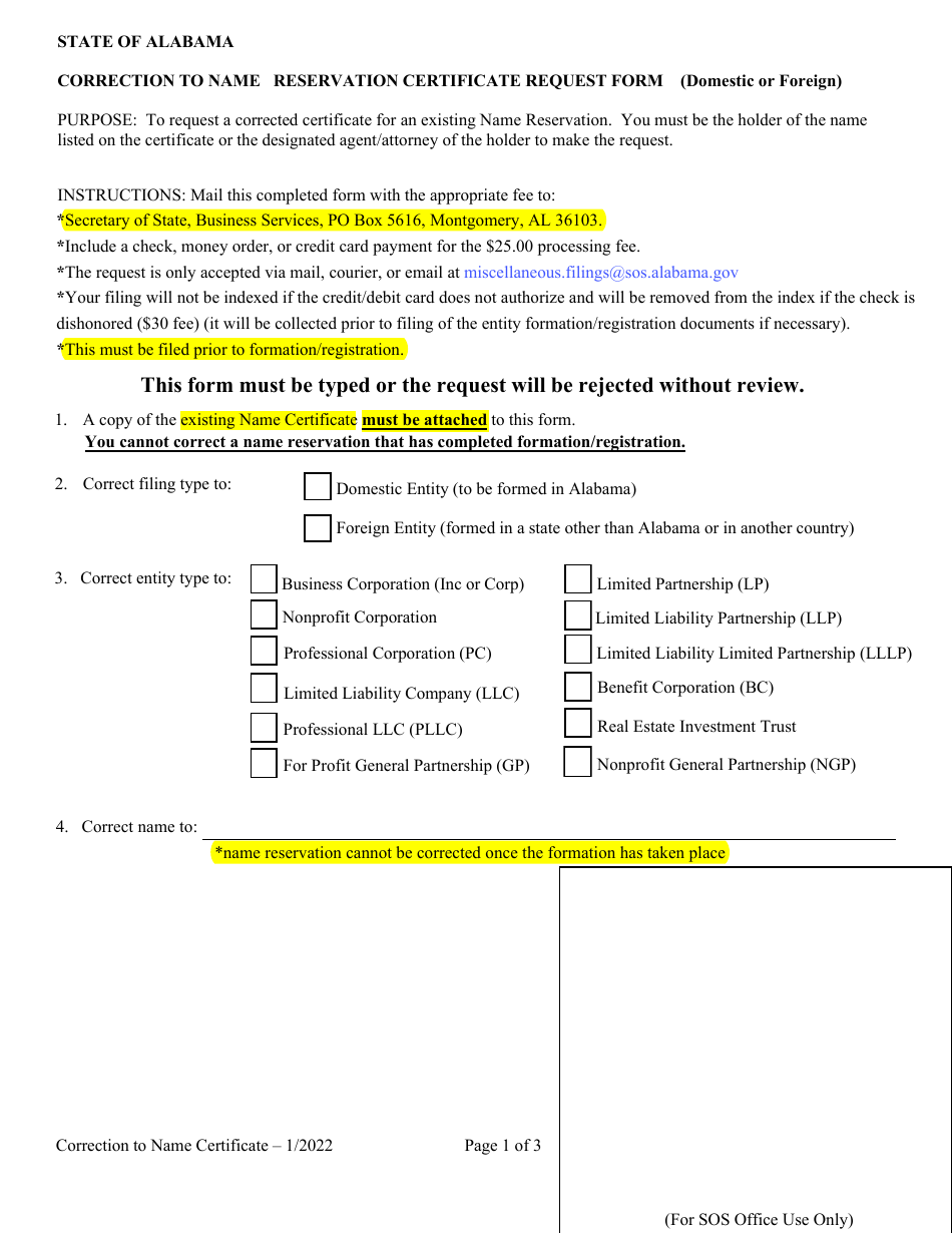 Alabama Correction to Name Reservation Certificate Request Form