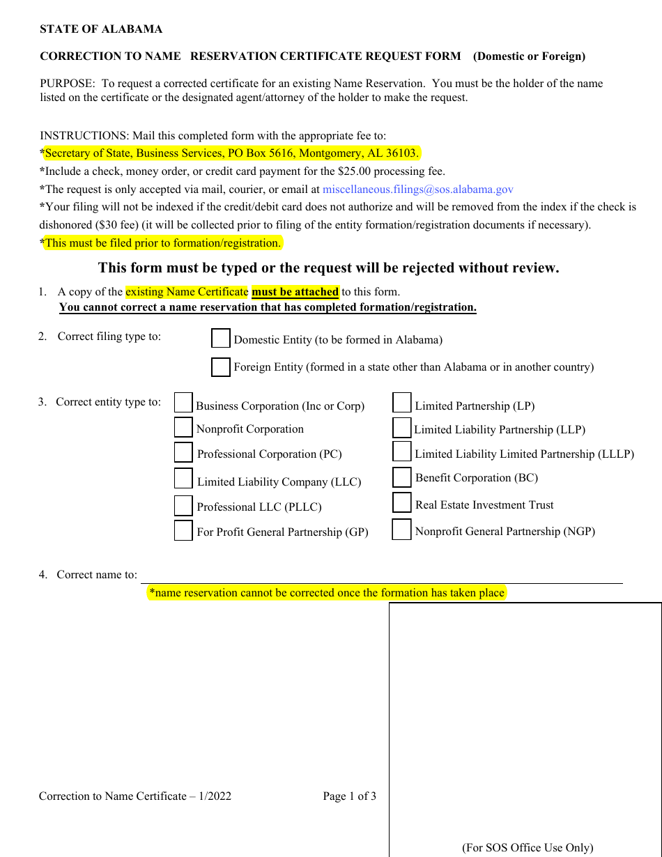 Correction to Name Reservation Certificate Request Form (Domestic or Foreign - Alabama, Page 1