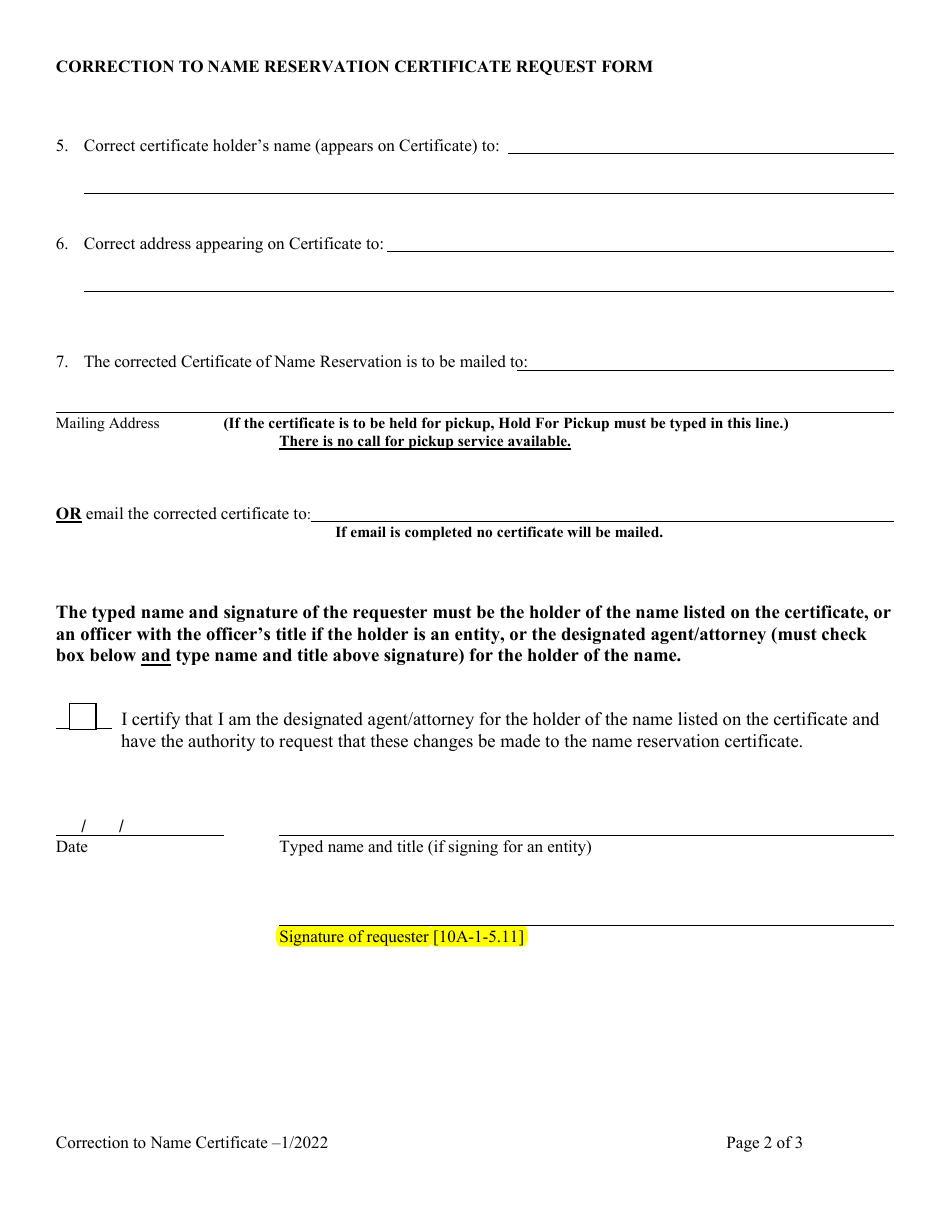 Correction to Name Reservation Certificate Request Form (Domestic or Foreign - Alabama, Page 2