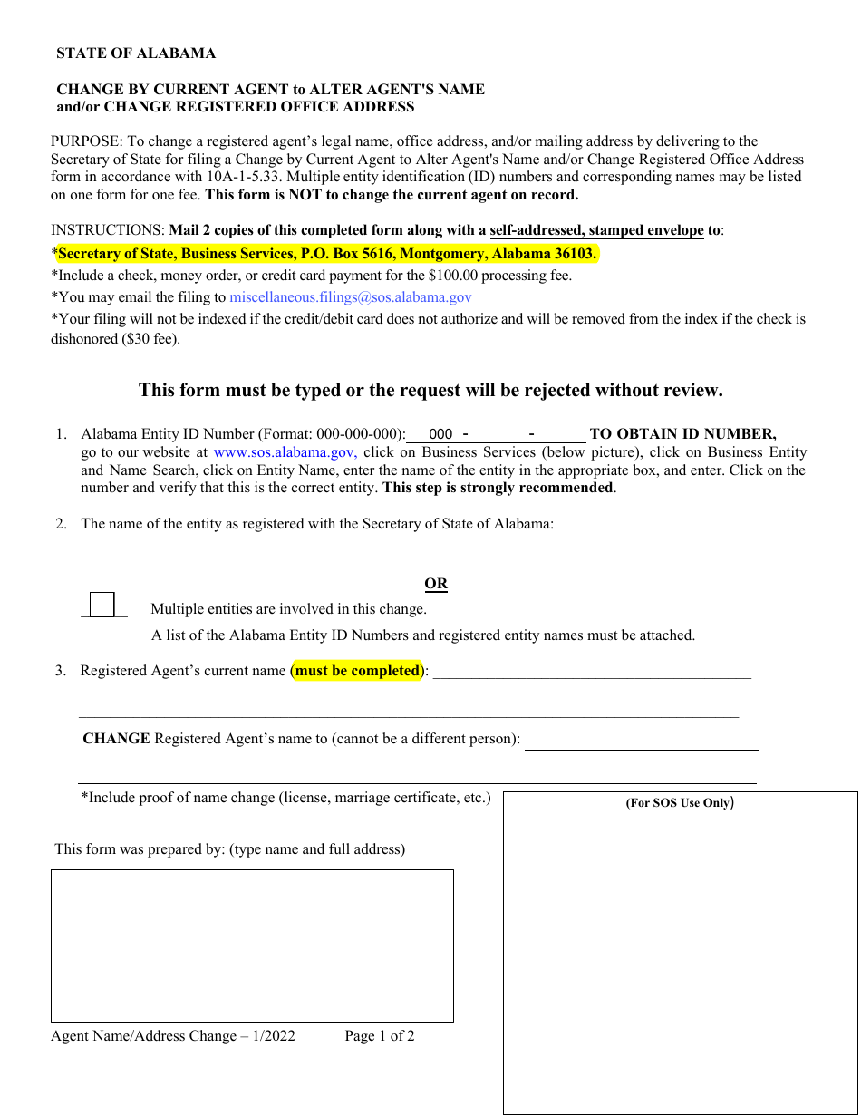 Alabama Change by Current Agent to Alter Agent's Name and/or Change