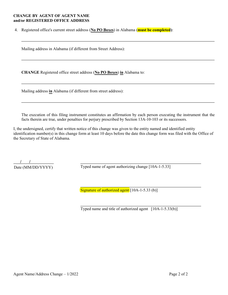 Change by Current Agent to Alter Agents Name and / or Change Registered Office Address - Alabama, Page 2