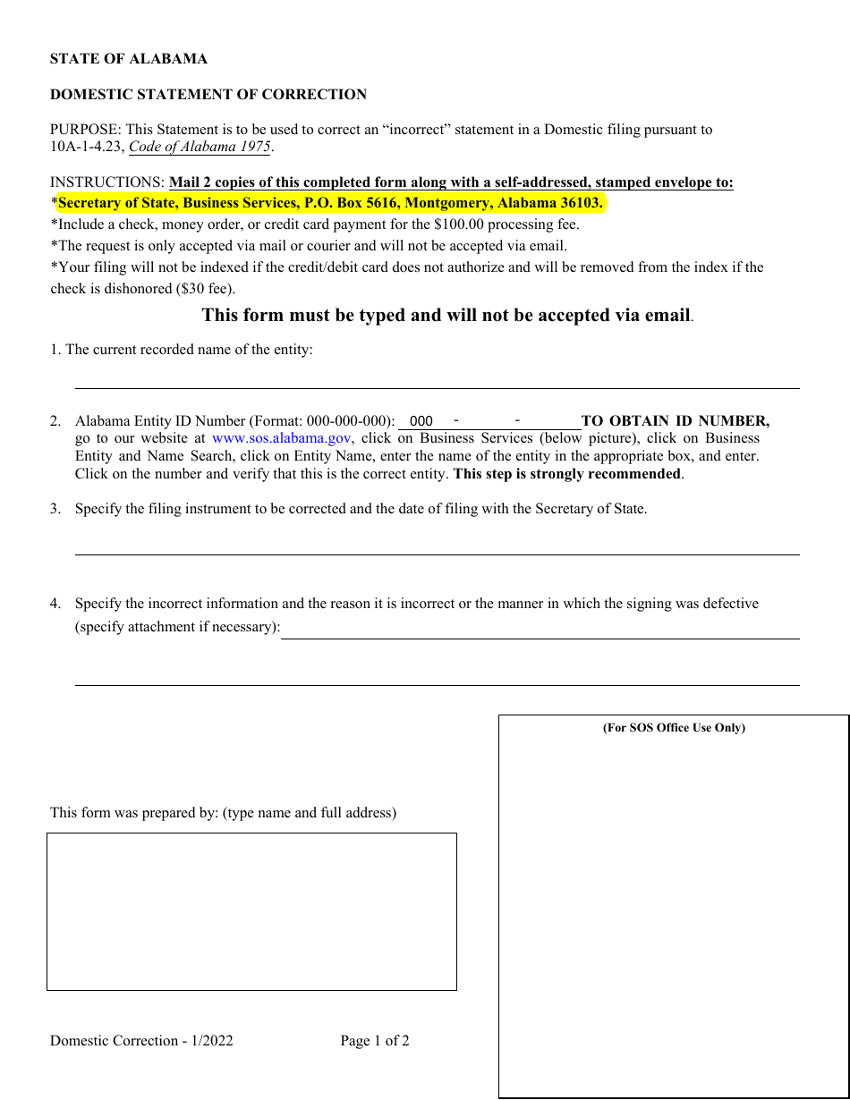 Domestic Statement of Correction - Alabama, Page 1