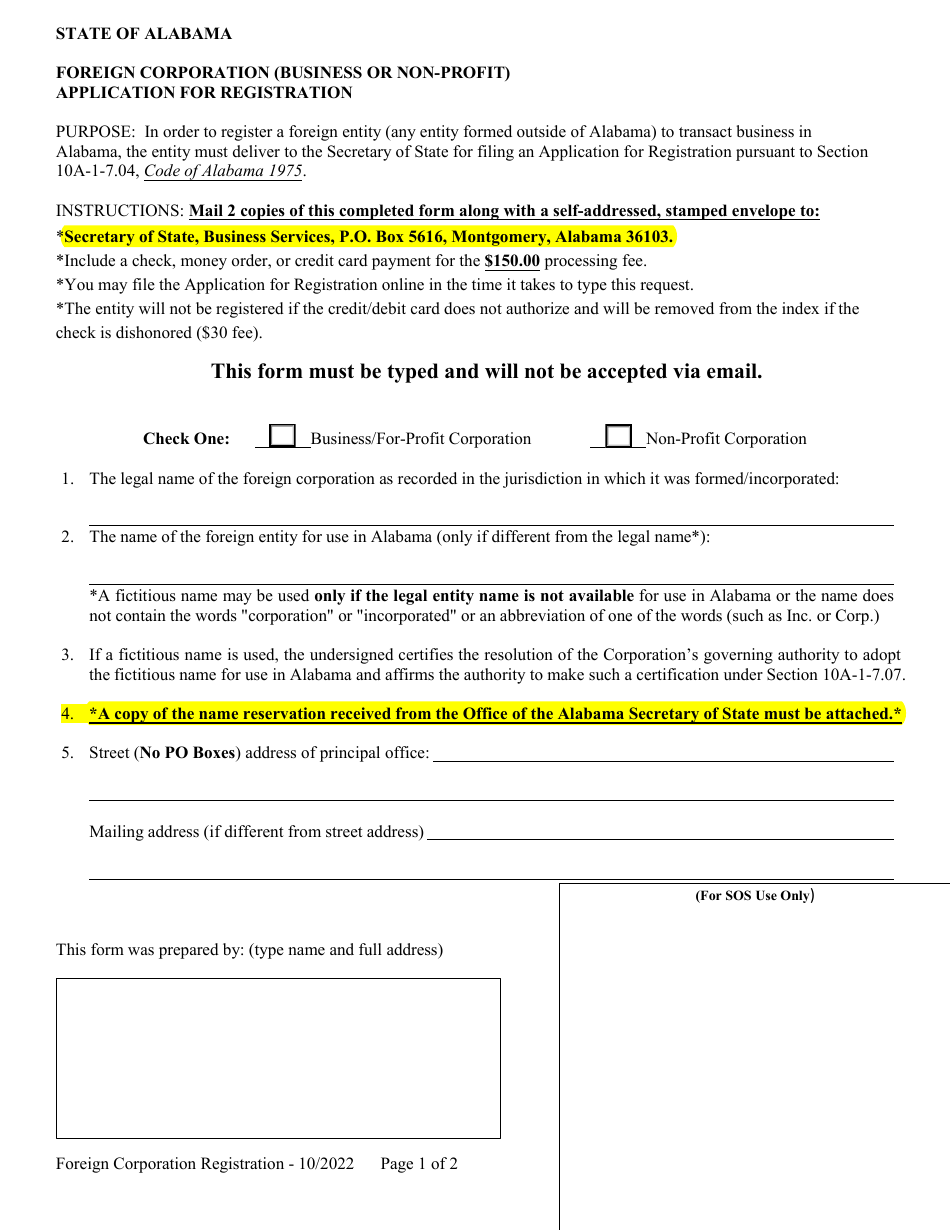 Foreign Corporation (Business or Non-profit) Application for Registration - Alabama, Page 1