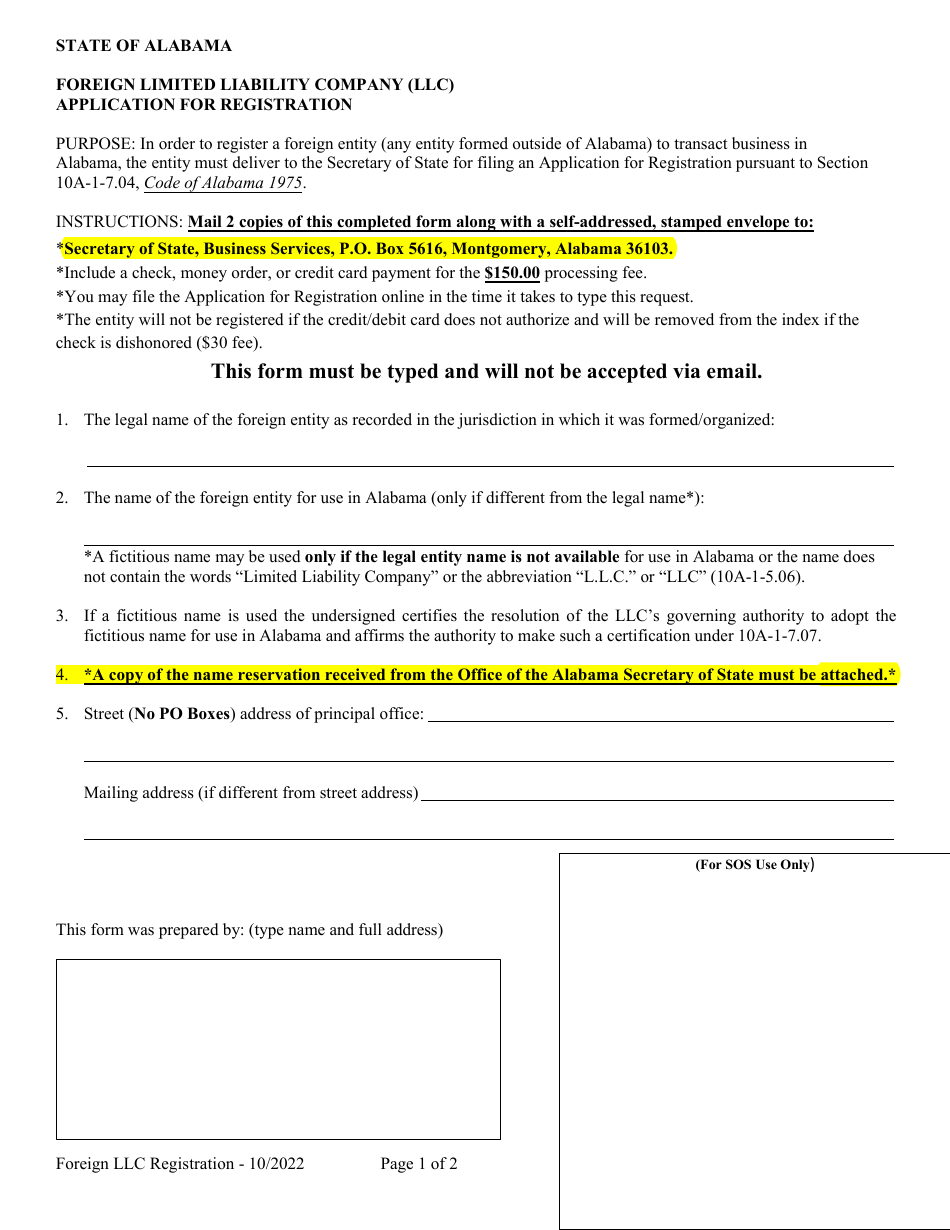 Alabama Foreign Limited Liability Company (LLC) Application for ...