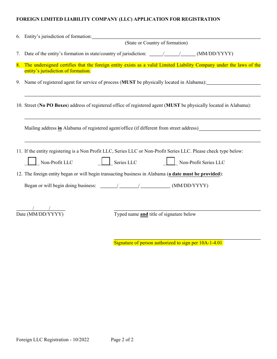 Foreign Limited Liability Company (LLC) Application for Registration - Alabama, Page 2