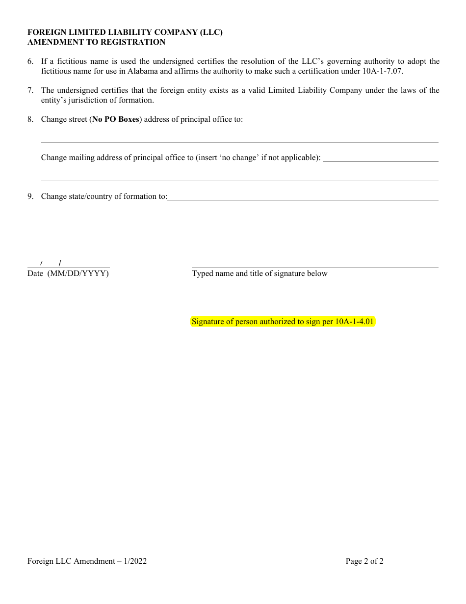 Alabama Foreign Limited Liability Company Llc Amendment To Registration Download Fillable Pdf 3691