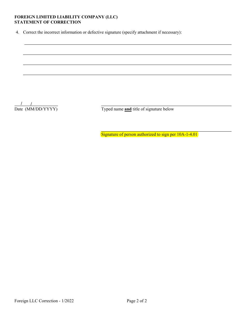 Foreign Limited Liability Company (LLC) Statement of Correction - Alabama, Page 2