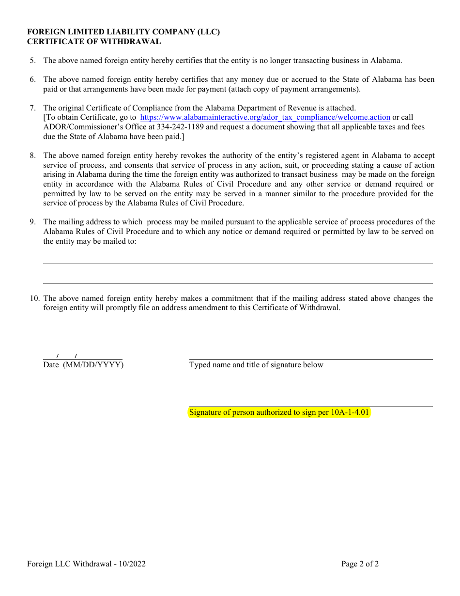 Foreign Limited Liability Company (LLC) Certificate of Withdrawal - Alabama, Page 2