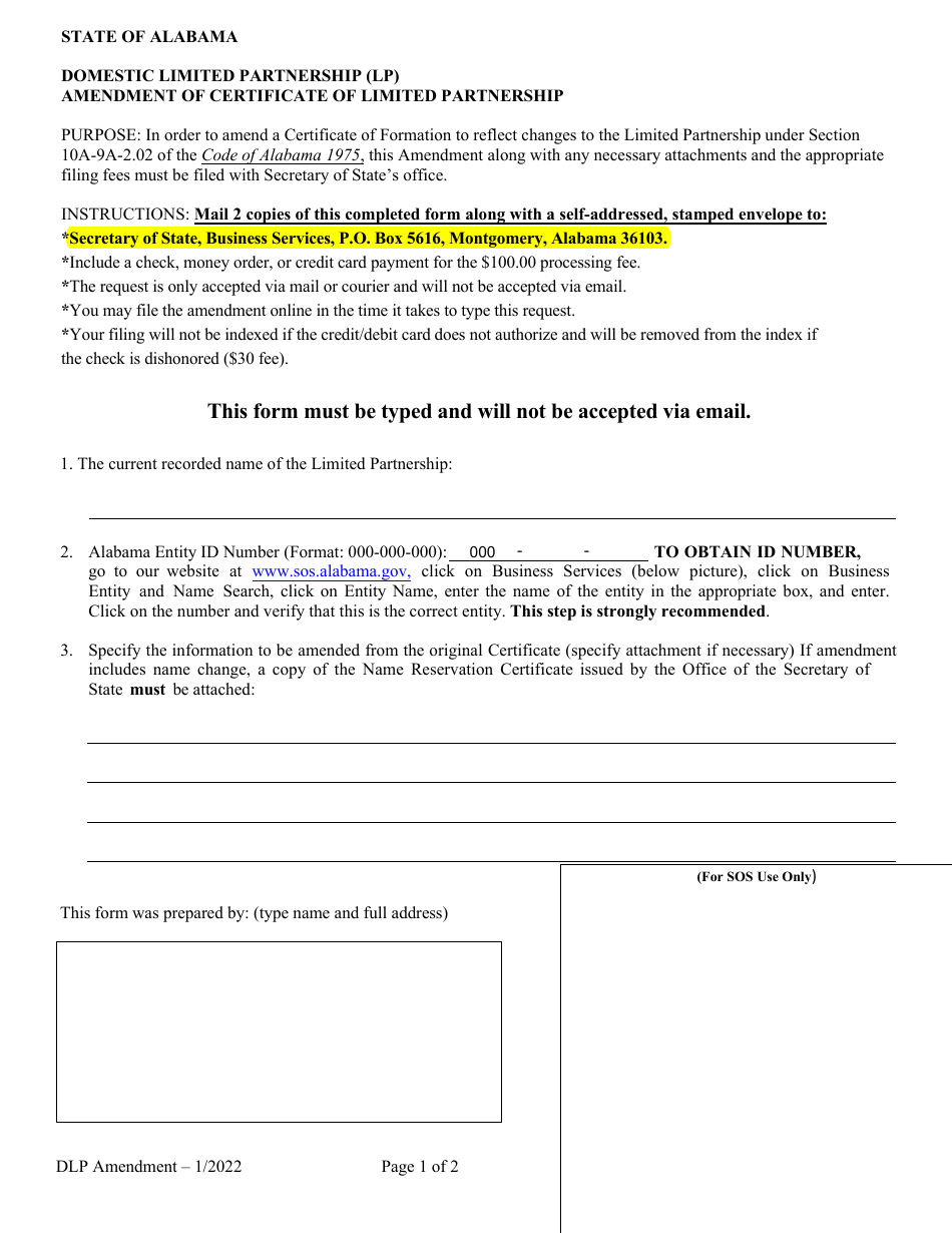 Domestic Limited Partnership (Lp) Amendment of Certificate of Limited Partnership - Alabama, Page 1