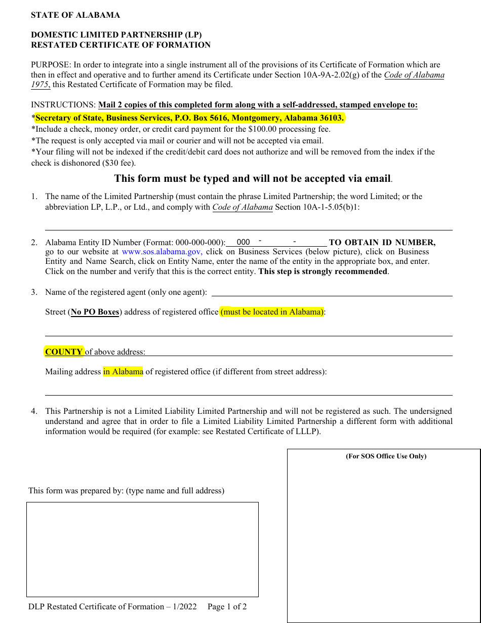 Alabama Domestic Limited Partnership Lp Restated Certificate Of Formation Download Fillable 9849