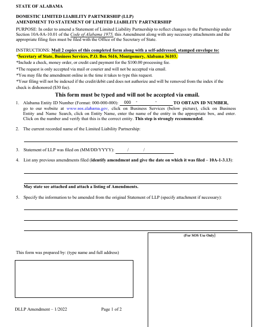 Domestic Limited Liability Partnership (LLP ) Amendment to Statement of Limited Liability Partnership - Alabama