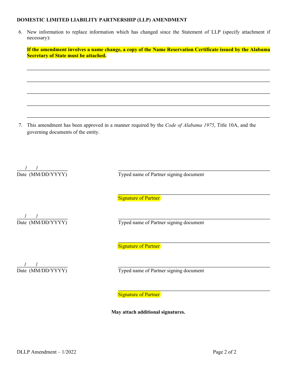 Domestic Limited Liability Partnership (LLP ) Amendment to Statement of Limited Liability Partnership - Alabama, Page 2