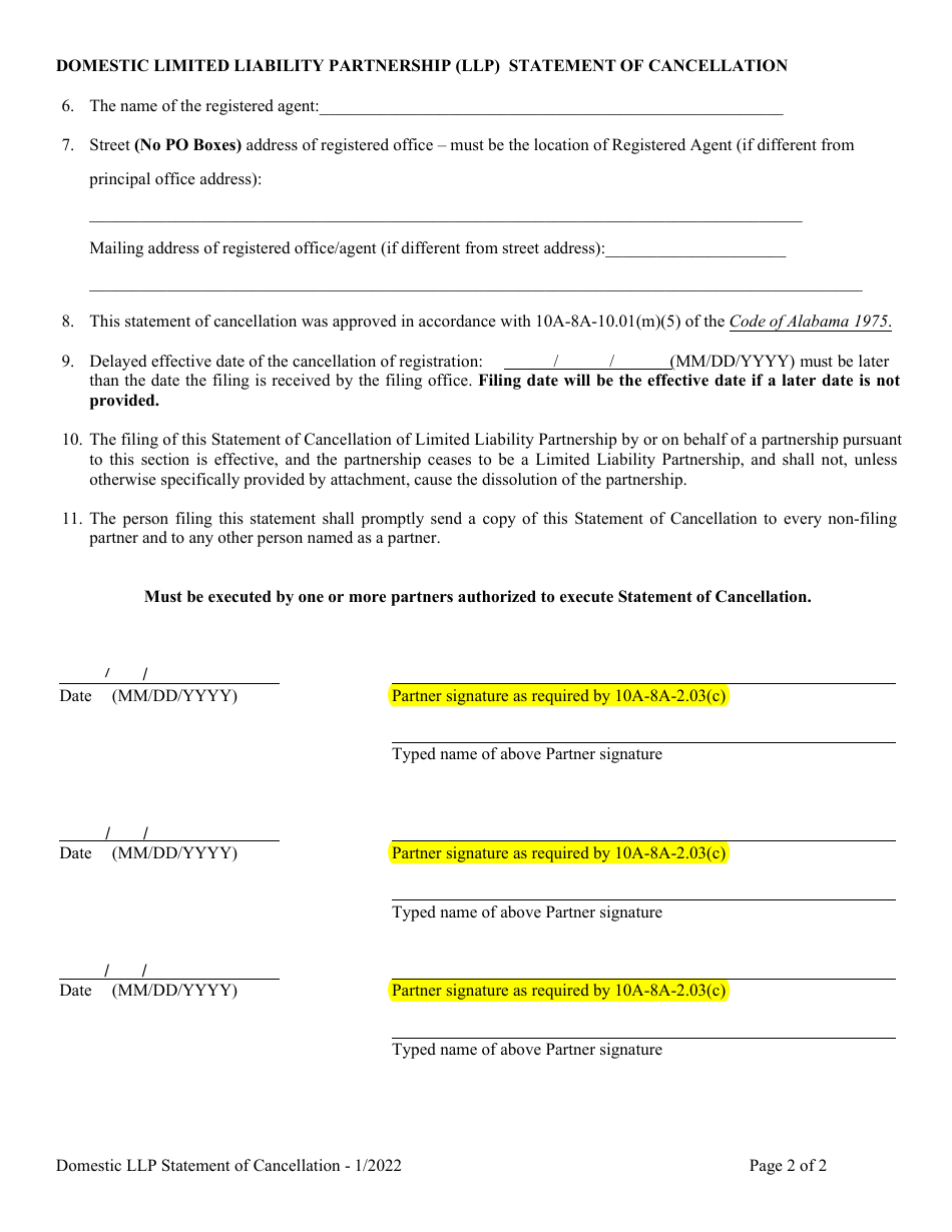 Domestic Limited Liability Partnership (LLP ) Statement of Cancellation - Alabama, Page 2