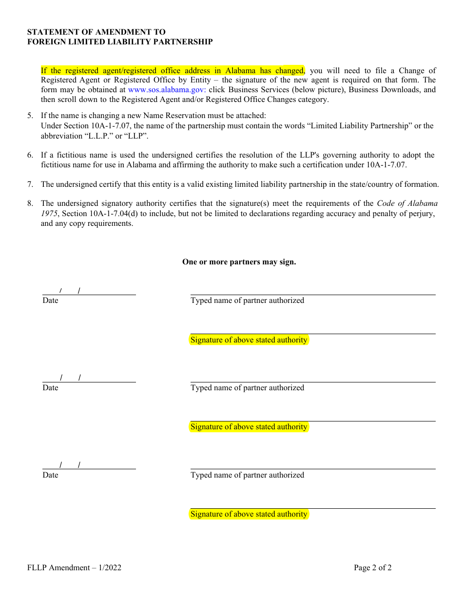 Statement of Amendment to Foreign Limited Liability Partnership (LLP ) - Alabama, Page 2