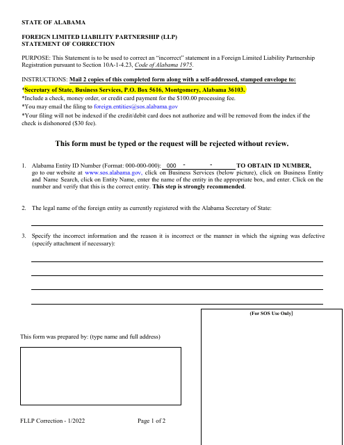 Foreign Limited Liability Partnership (LLP ) Statement of Correction - Alabama Download Pdf