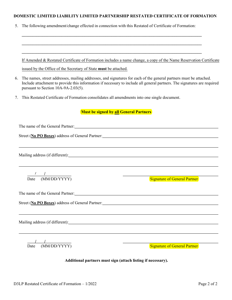 Domestic Limited Liability Limited Partnership (Lllp) Restated Certificate of Formation - Alabama, Page 2