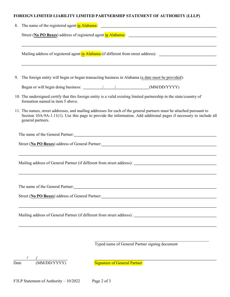 Foreign Limited Liability Limited Partnership Statement of Authority (Lllp) - Alabama, Page 2